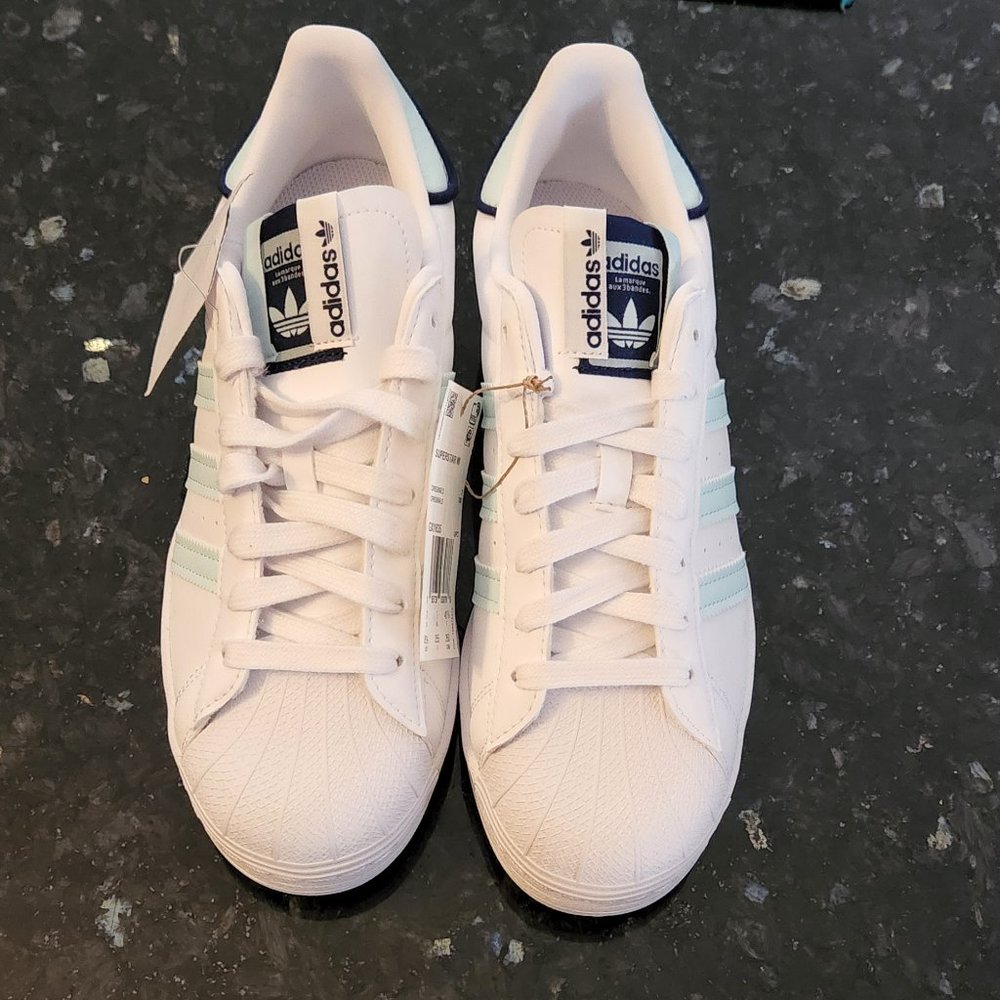 adidas Originals Superstar W White/ Almost Blue  Womens Sz 8.5 - Picture 2 of 4